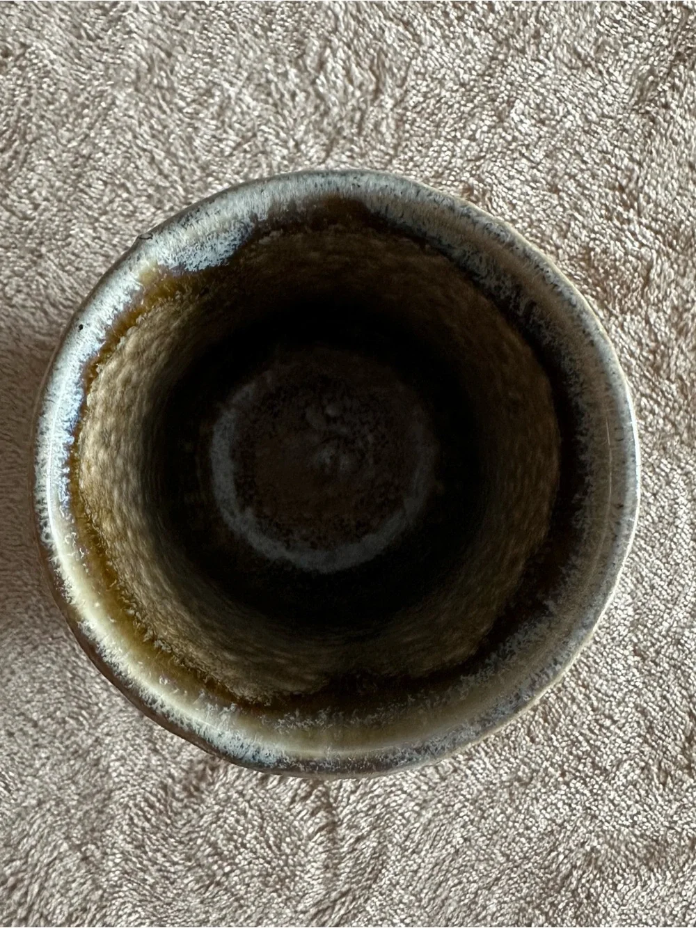 Studio Pottery Ceramic Cup Wood Grain Brown Green Glaze Cabin Mountains